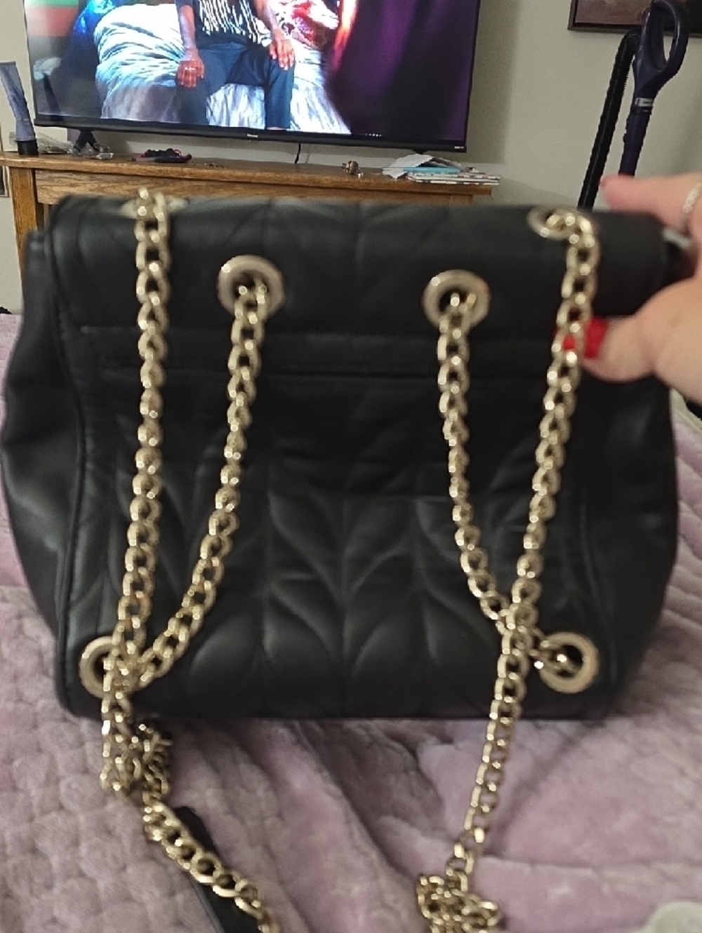 kate spade Black Quilted Leaf-Pattern Shoulder Bag with Gold Chain - Picture 2 of 10